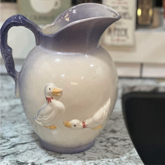 Charming Ceramic Pitcher with Ducks - Purple and White